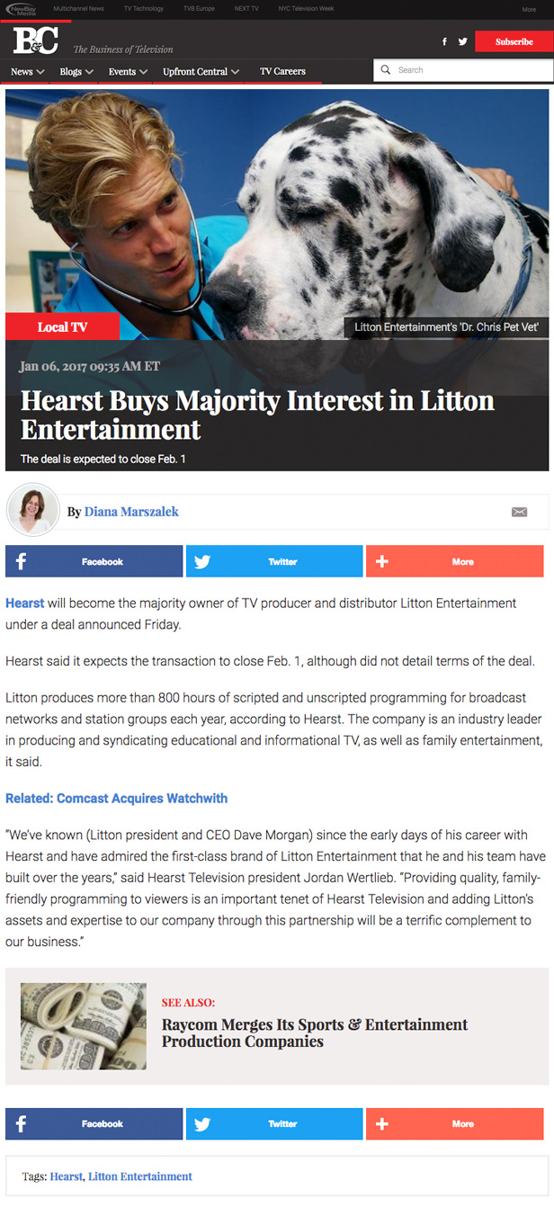 Hearst Buys Majority Interest in Litton Entertainment ACF Investment Bank
